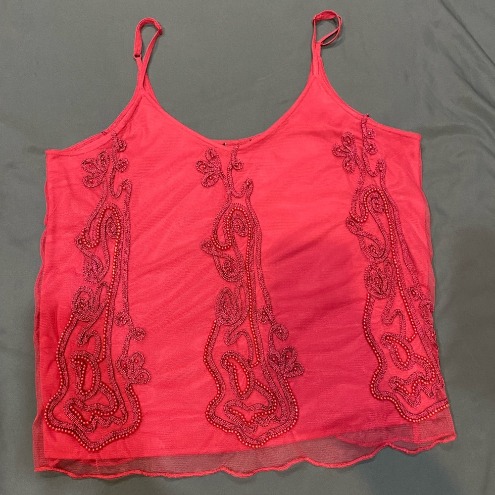 BKE Boutique bright pink beaded sheer overlay tank top, Medium